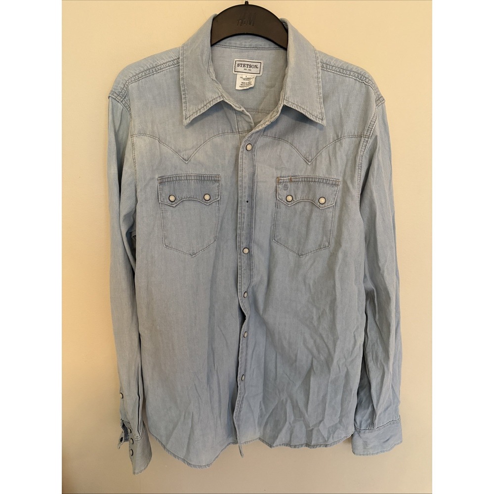 Stetson Men Denim Sportsman White Pearl Snap Western Cowboy Jean Shirt L